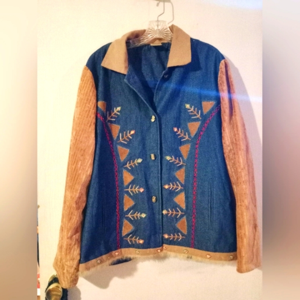Parsley & Sage Jacket XL Denim Beaded‎ w Leather Accents and Velvet Sleeves.